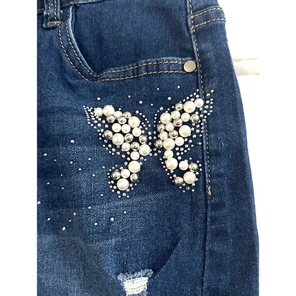 VINIZBENA Italy Faux Pearl Beaded Butterfly Embellished Denim Jean Shorts - Sz L - Picture 3 of 6